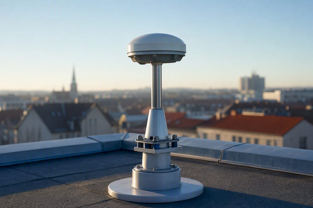 Anonyme GNSS-Referenzantenne auf einem kommunalen Dach