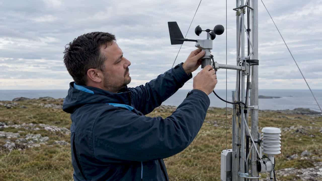 Techniker inspiziert Windmessmast auf der Küstenhochebene